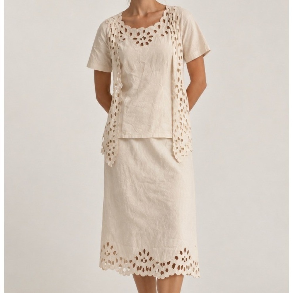 Vintage 3 Piece Linen Skirt Set Eyelet Scalloped L Beige Coastal Lagenlook 1990s
